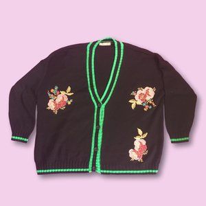ASOS Black Cardigan with Green Trim and Floral Embroidery